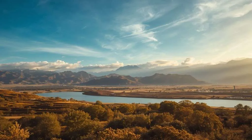 A serene landscape in China at sunrise, featuring layered hills with terraced fields and lush green vegetation. The sun casts warm light over the misty, distant mountain ranges.