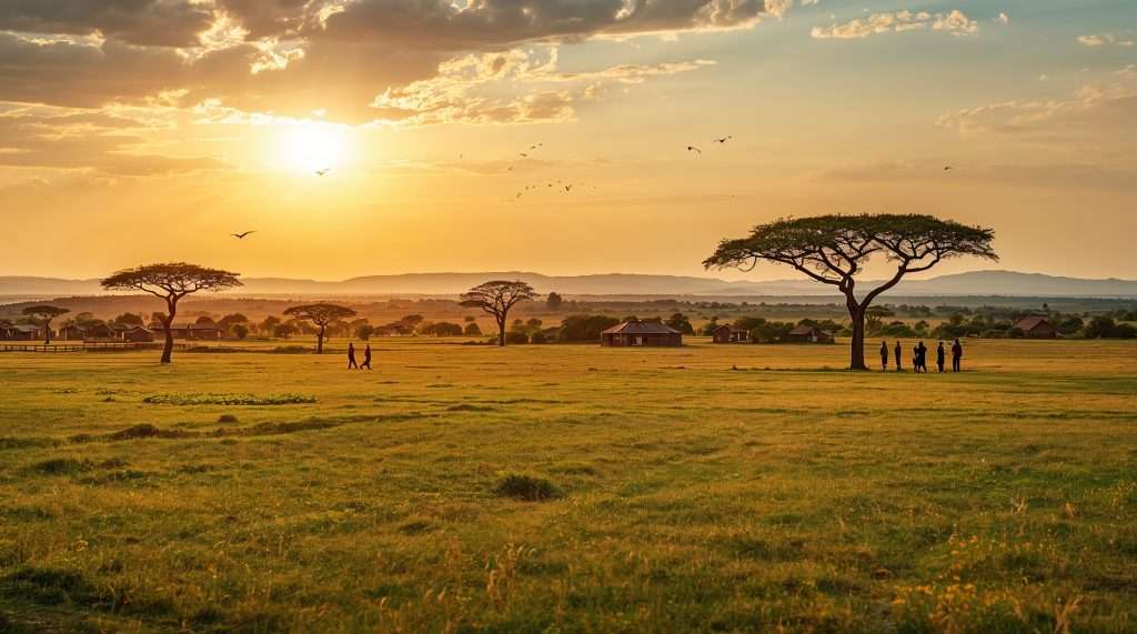 Expansive view of a lush Ghanaian landscape featuring rolling hills, scattered palm trees, and a vibrant green valley under a sky dotted with fluffy white clouds.