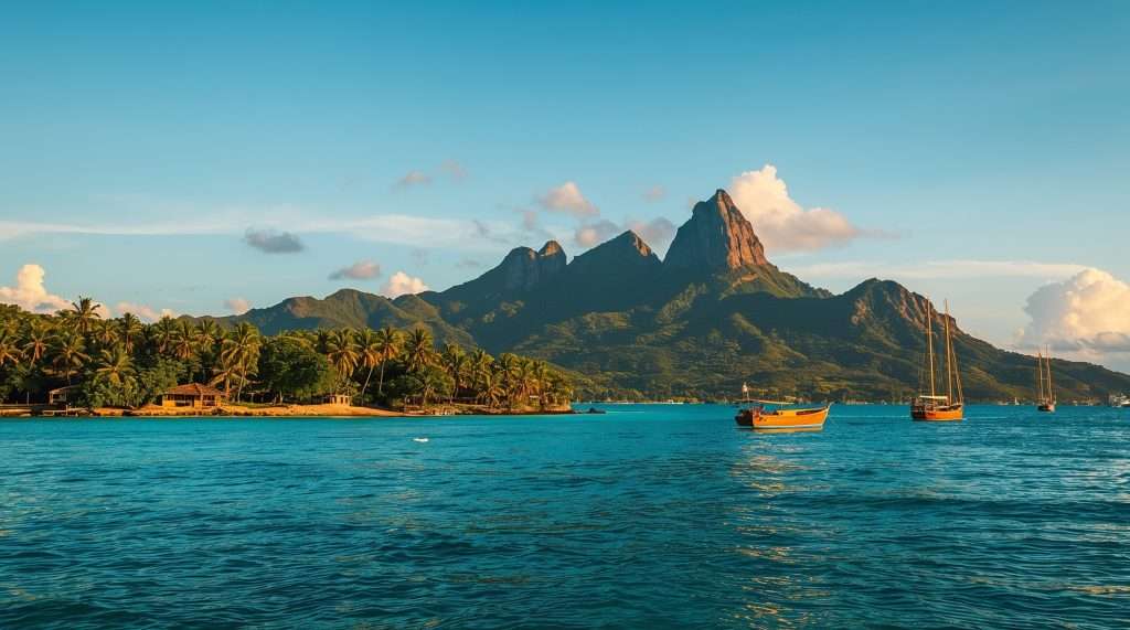 A serene view of Haiti's coastline with lush green mountains in the background, palm trees along the shore, and sailboats on the clear blue water under a bright sky.