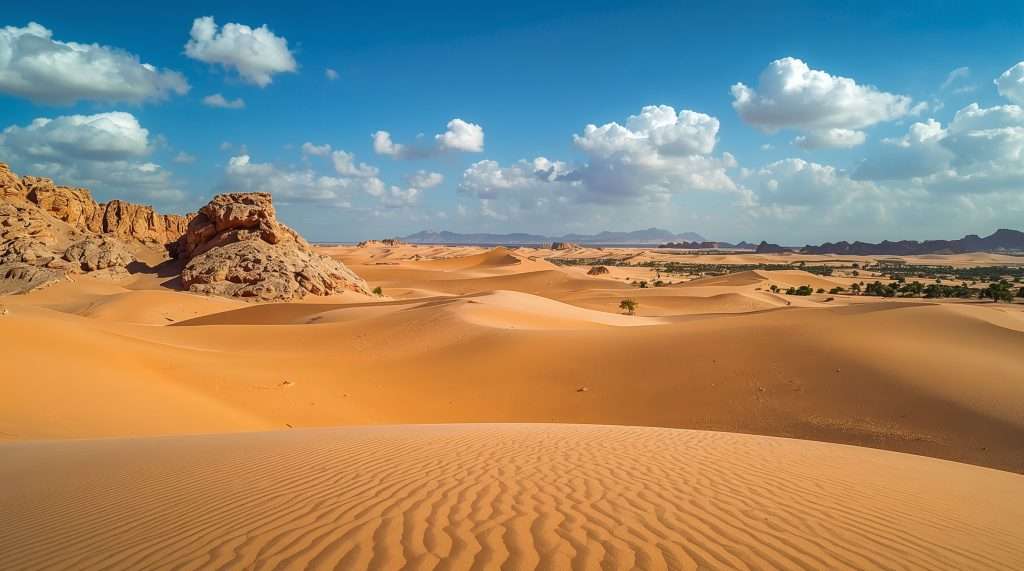Expansive desert landscape in Oman with undulating sand dunes, rock formations, and sparse vegetation under a blue sky with scattered white clouds.
