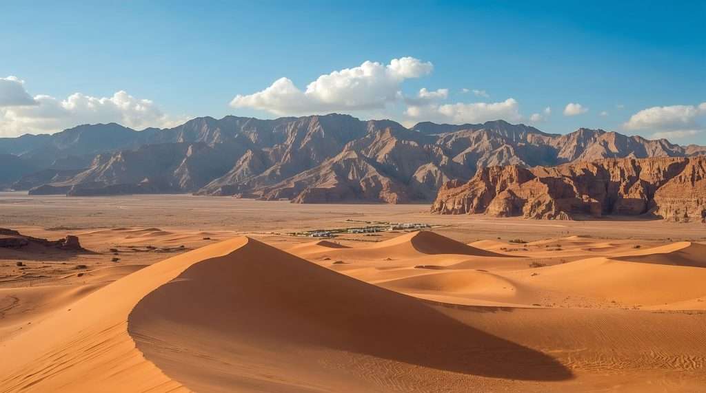 A vast, tranquil Omani desert landscape features rolling sand dunes with a backdrop of jagged mountains under a clear blue sky, illuminated by warm sunlight.