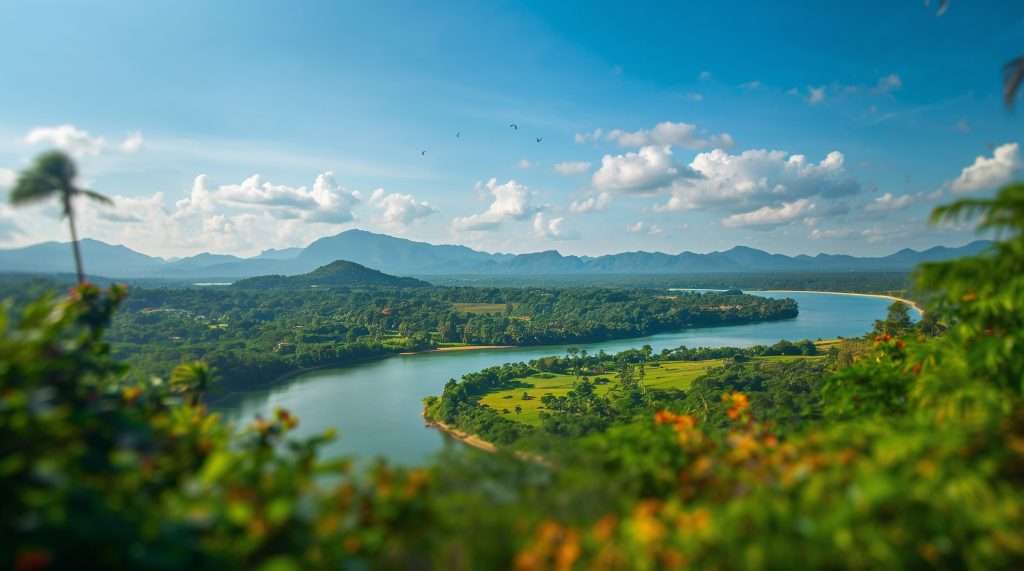 A stunning Sri Lankan landscape featuring lush green hills, calm blue waters, and distant mountains under a partly cloudy sky, with two boats visible in the water.