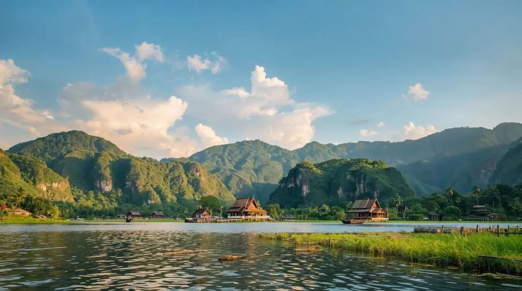 Scenic view of a tranquil lake surrounded by lush, green mountains in Thailand. Traditional wooden houses on stilts dot the shoreline under a blue sky with fluffy clouds.