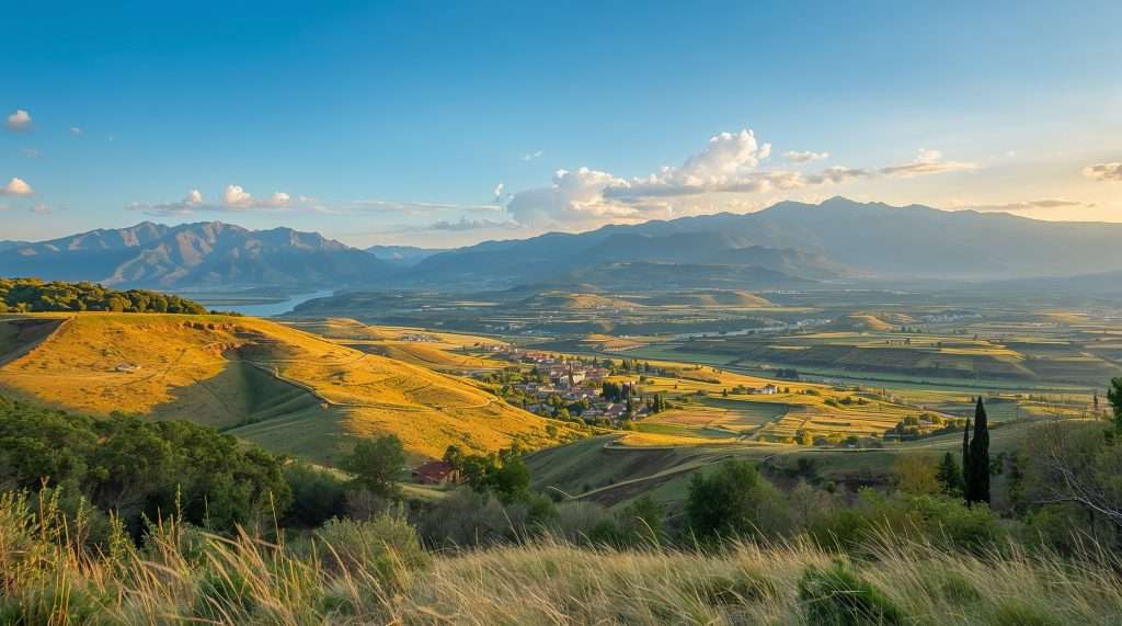 A scenic view of a Turkish landscape featuring rolling hills covered in golden grass, a distant lake, and mountains under a clear blue sky with scattered clouds.