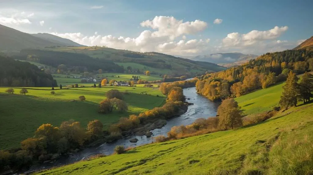 Rolling green hills under a partly cloudy sky in a typical United Kingdom landscape, featuring a stone wall dividing the lush fields and scattered trees.