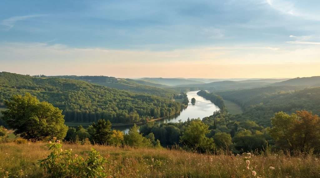A serene Belarusian landscape featuring a winding river, lush green hills, and a clear blue sky at sunset. Wildflowers dot the foreground, enhancing the tranquil scene.