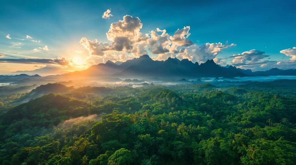 Scenic view of a Brazilian landscape featuring a serene lake surrounded by lush green hills and distant mountains under a clear blue sky, with palm trees in the foreground.