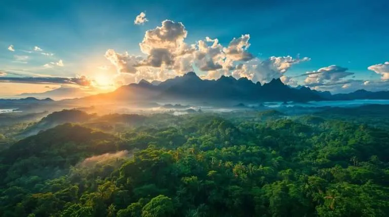 Scenic view of a Brazilian landscape featuring a serene lake surrounded by lush green hills and distant mountains under a clear blue sky, with palm trees in the foreground.