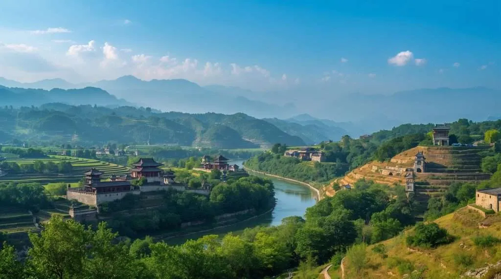 Sunset over terraced hills in China, with lush greenery and distant mountain ranges under a golden sky. Sunlight casts soft rays across the landscape, creating a tranquil scene.