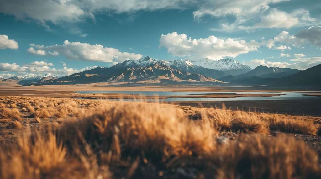 Expansive Kazakh landscape featuring golden grasses in the foreground, a serene lake, and distant snow-capped mountains under a blue sky with scattered clouds.