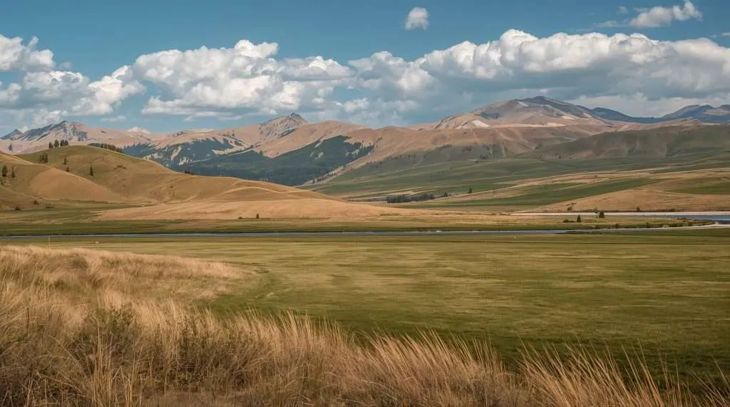 Expansive Kyrgyzstan landscape featuring rolling golden hills and lush green fields under a partly cloudy blue sky. Snow-capped mountains are visible in the distance.