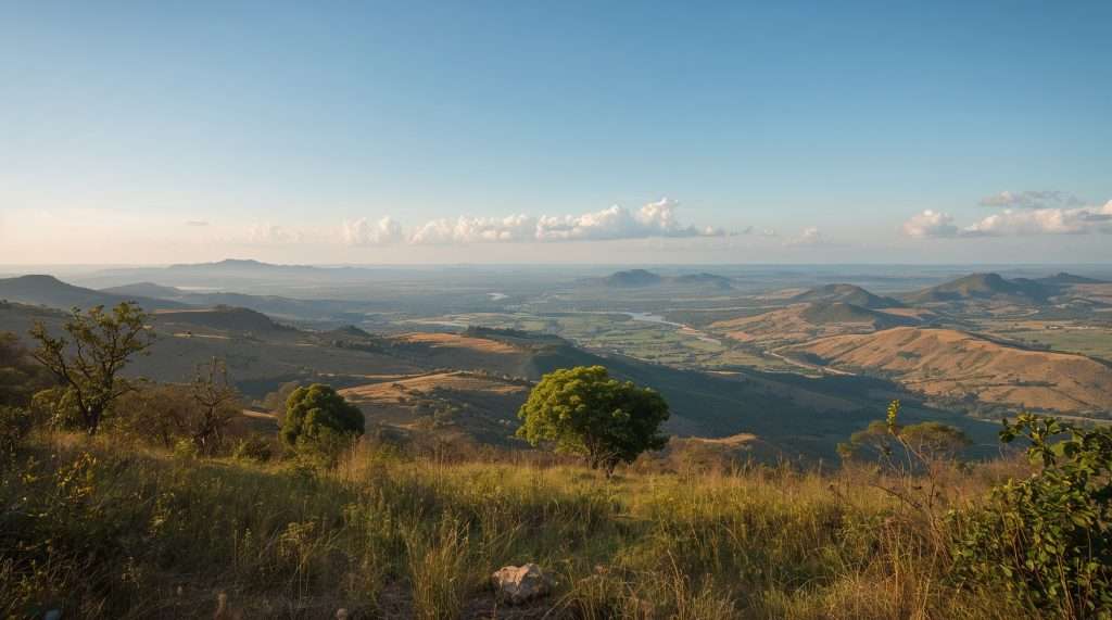 Rolling hills and lush fields stretch into the distance under a clear sky in Malawi. The warm light of the setting sun casts a golden hue over the landscape.