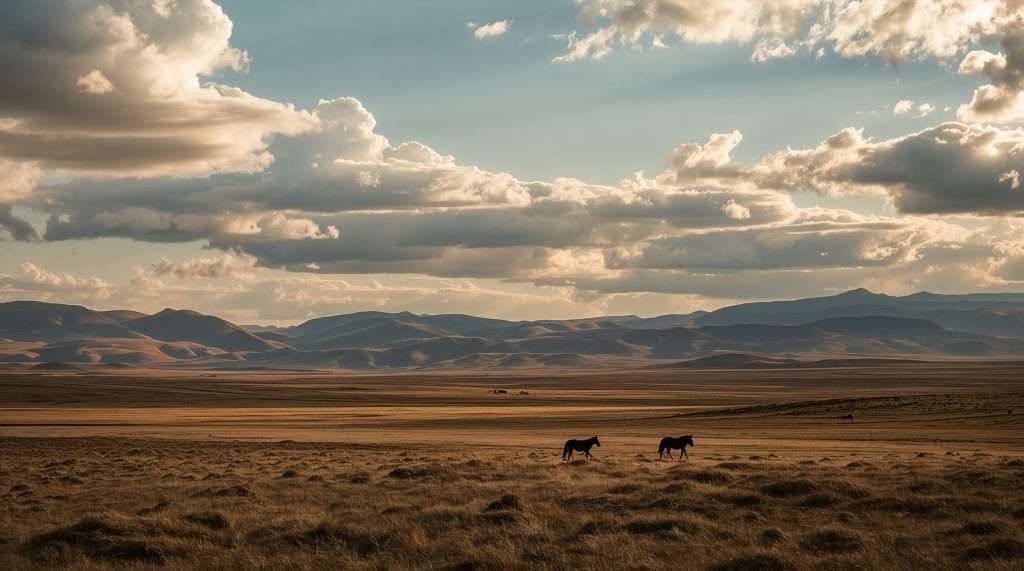 Vast Mongolian landscape under a dramatic sky with large clouds. Rolling hills stretch across the horizon, while two horses graze on the open grasslands in the foreground.