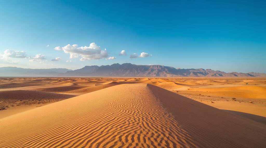 A scenic view of a desert landscape in Oman, featuring expansive orange sand dunes and distant rocky mountains under a clear blue sky. Shadows cast intricate patterns on the sand.