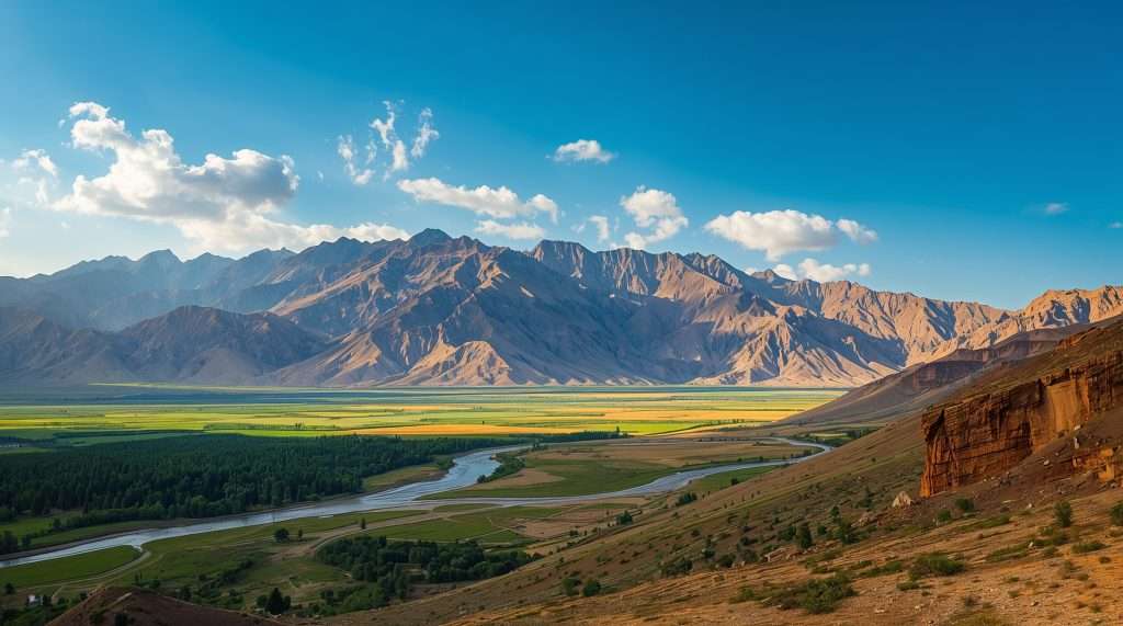 Expansive view of a Pakistani landscape featuring rugged mountains, a winding river, and lush fields under a clear blue sky with scattered clouds.