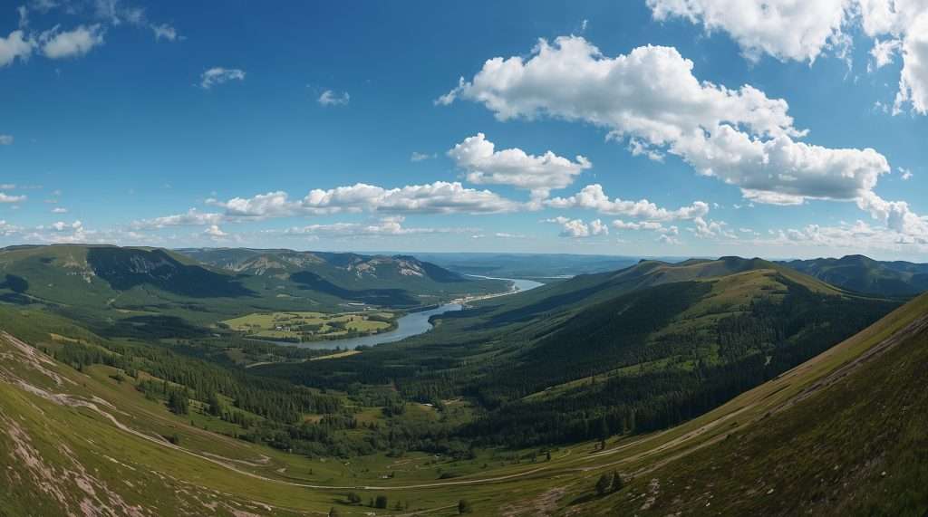 Expansive Russian landscape featuring rolling hills and dense forests, with a winding river cutting through the valley under a clear blue sky dotted with fluffy clouds.