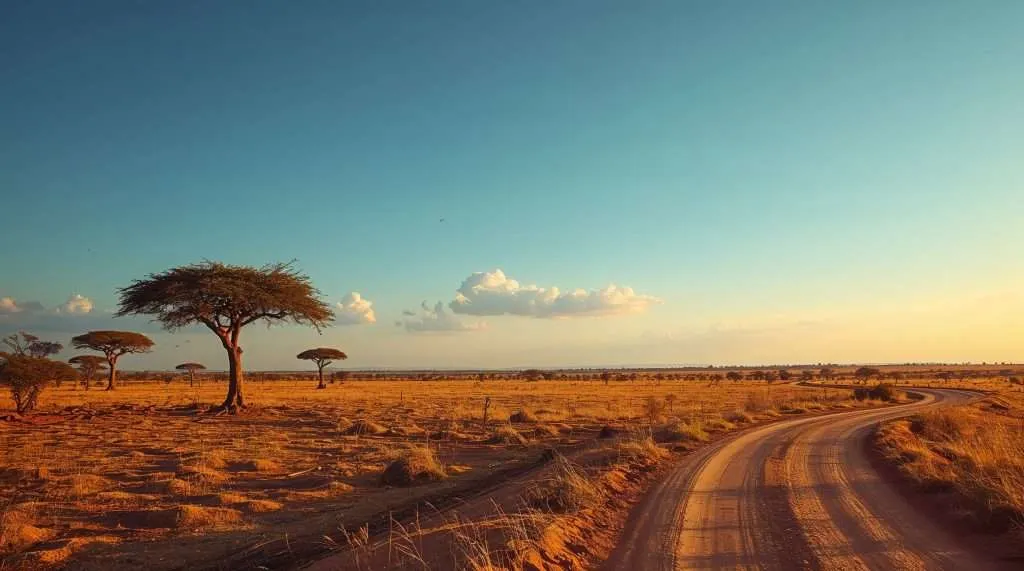 A scenic view of Togo's savannah landscape features a dirt road curving through dry, grassy plains accented by scattered acacia trees under a clear blue sky.