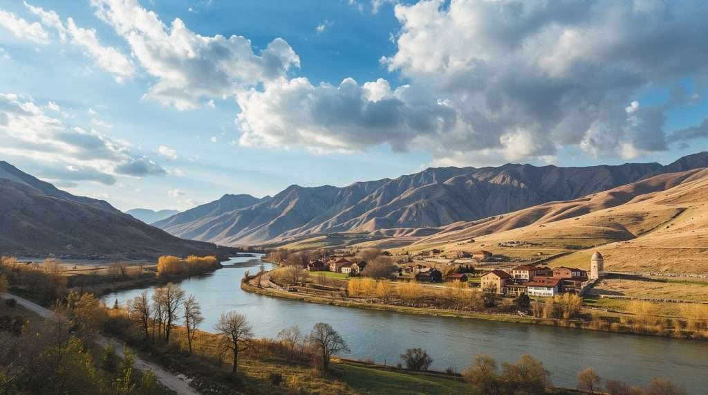 A winding river flows through a valley surrounded by gentle hills and rugged mountains under a partly cloudy sky in a landscape in Azerbaijan.