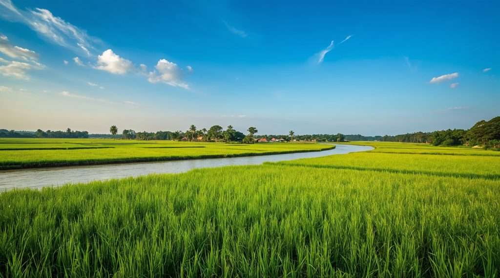A winding river flows through expansive green rice fields under a partly cloudy blue sky, representing the rural landscape of Bangladesh.