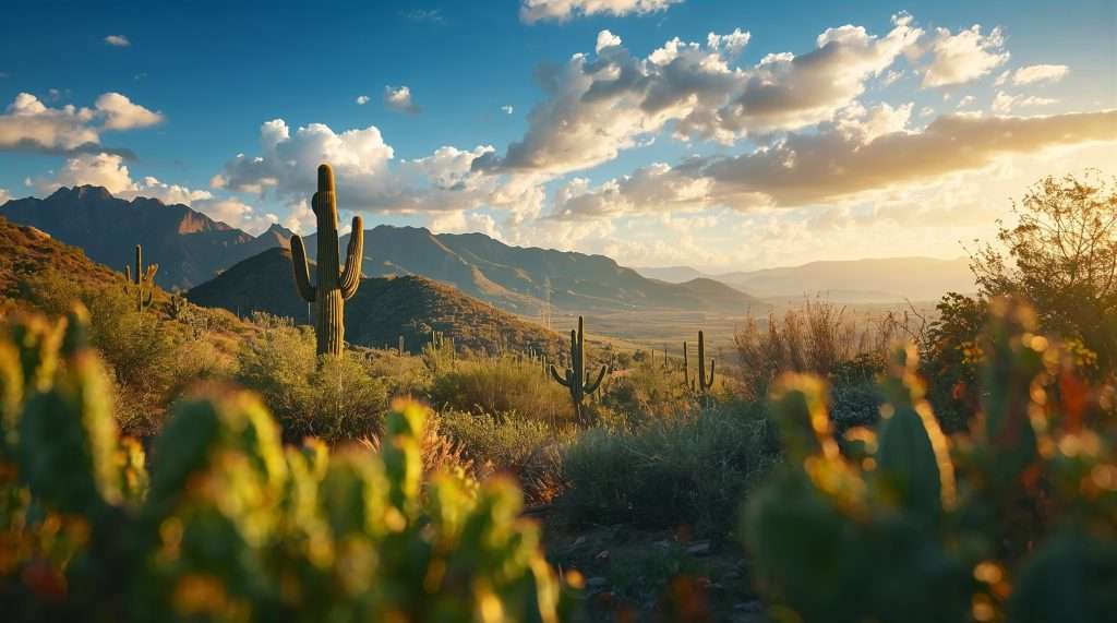 A scenic view of a Mexican landscape features a historic hillside village with rustic buildings overlooking expansive plains and rugged hills under a sky dotted with fluffy clouds.
