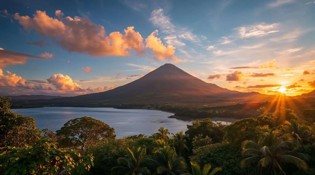 A volcanic mountain rises prominently across a lake with a tropical forest in the foreground under a partly cloudy sky at sunset in Nicaragua.