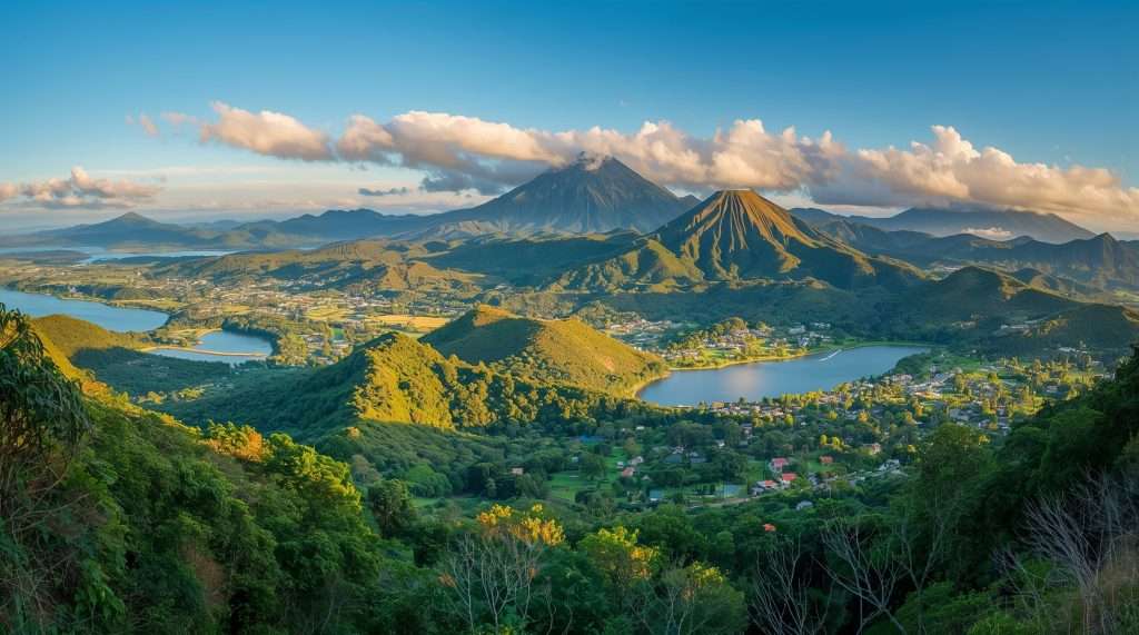 A panoramic view of a volcanic mountain surrounded by lakes and lush green hills under a partly cloudy sky in Nicaragua.