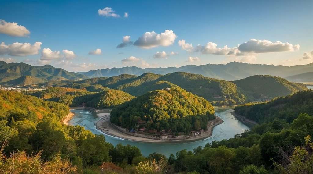 A river meanders through lush green hills under a partly cloudy sky, showcasing a serene landscape likely in South Korea.