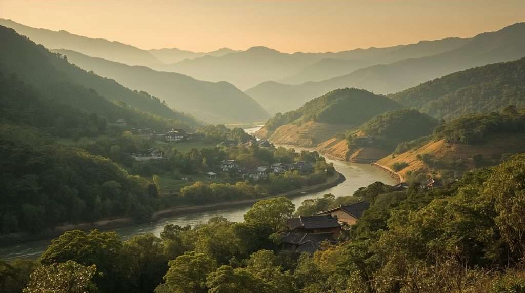 A winding river flowing through a valley surrounded by forested hills and mountains in South Korea, with a small village nestled near the riverbanks under soft morning light.