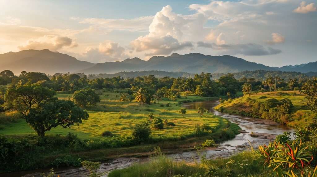 A winding river flows through a lush green landscape with scattered trees, set against a backdrop of distant mountains under a partly cloudy sky during sunset.