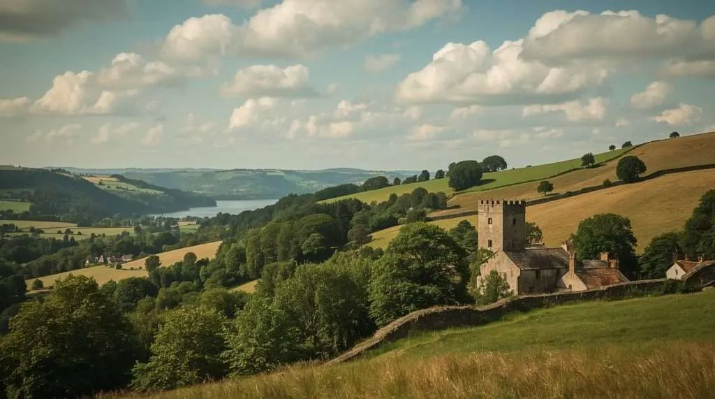 Rolling green hills with scattered trees and a stone church near a dry stone wall under a partly cloudy sky, typical of the English countryside.