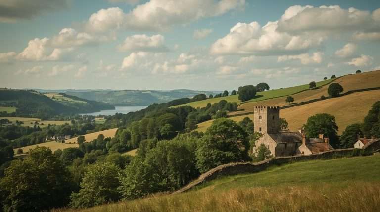 Rolling green hills with scattered trees and a stone church near a dry stone wall under a partly cloudy sky, typical of the English countryside.