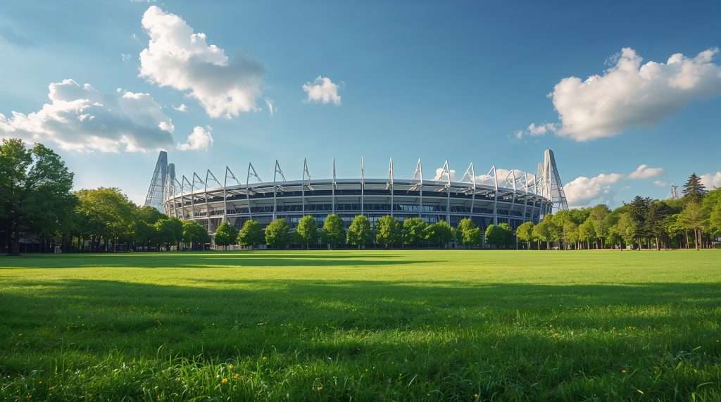 A large stadium surrounded by lush green trees, set against a clear blue sky with scattered clouds. The spacious grassy field in the foreground is sunlit.