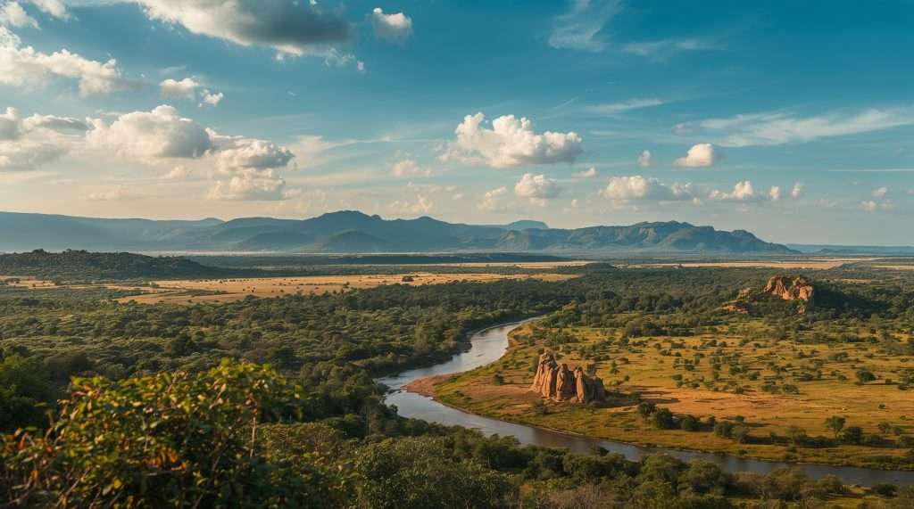 A winding river flows through a savanna landscape with scattered trees and shrubs, set against a backdrop of distant mountains under a partly cloudy sky in Zambia.