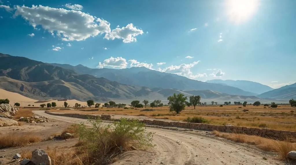 A dry, dusty landscape with sparse vegetation and a winding dirt road set against a backdrop of rugged mountains under a partly cloudy sky, representing a natural scene likely from Afghanistan.