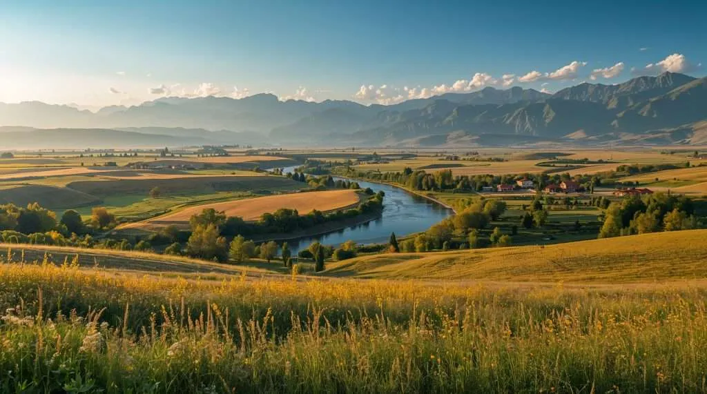 A winding river flows through a valley with cultivated fields and patches of trees, set against a backdrop of tall, rugged mountains under a clear sky, representing a rural landscape in Armenia.