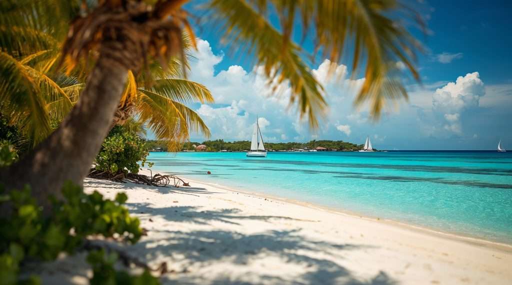 A sandy beach with palm trees and sailboats in clear blue water.