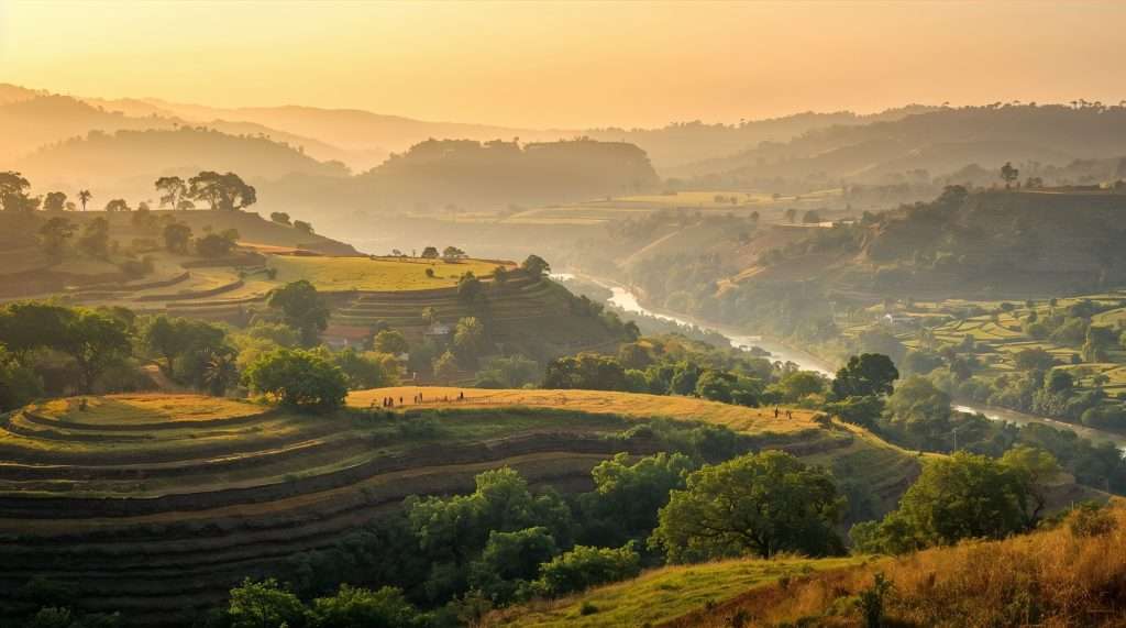 Rolling hills with terraced fields and scattered trees under a hazy sky during sunrise or sunset, depicting a rural landscape in India.