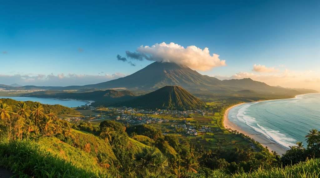 A volcanic mountain with a cloud near its peak overlooks a coastal town with beaches and lush greenery under a clear blue sky in Indonesia.