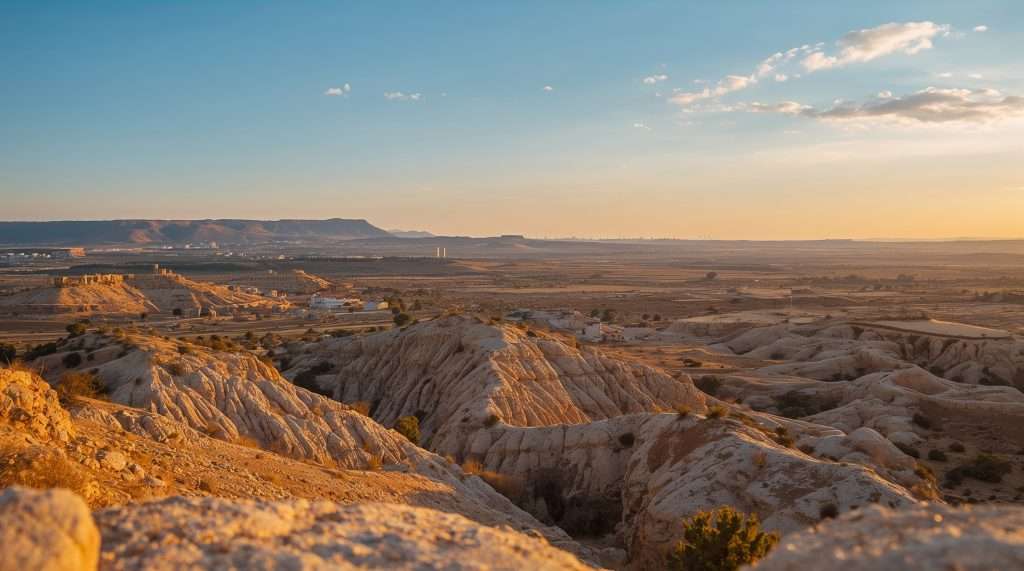 Arid rocky landscape with canyon formations under a partly cloudy sky.