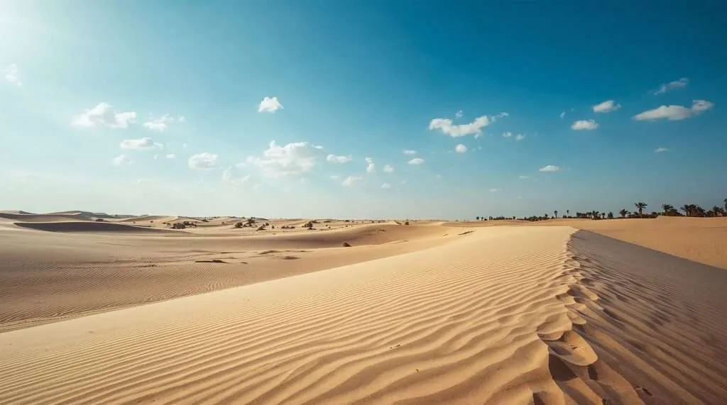 Expansive sand dunes under a blue sky with scattered clouds.