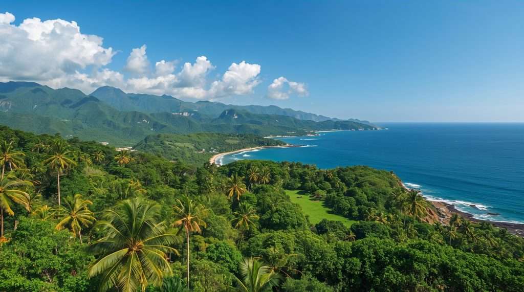 A tropical coastal landscape in Liberia featuring lush green palm trees, dense forest extending to the shoreline, rolling hills in the background, and a blue ocean under a partly cloudy sky.
