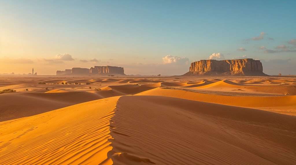 Golden sand dunes with flat-topped rocky plateaus in the distance