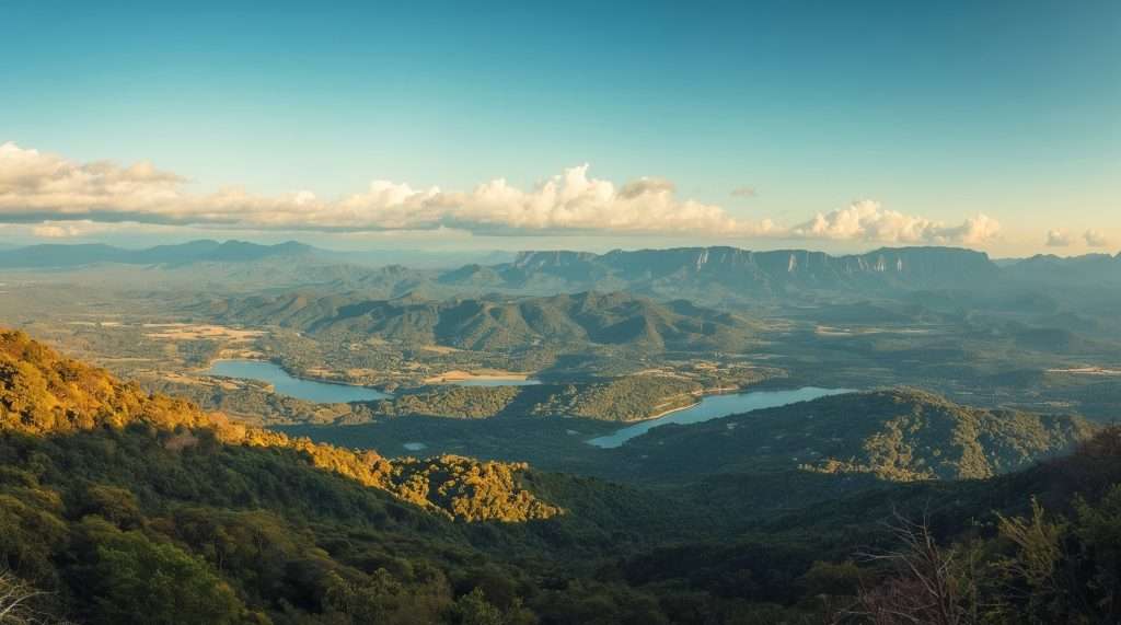 Expansive view of a mountainous landscape in Tanzania with rolling hills, scattered vegetation, and a distant lake under a partly cloudy sky.