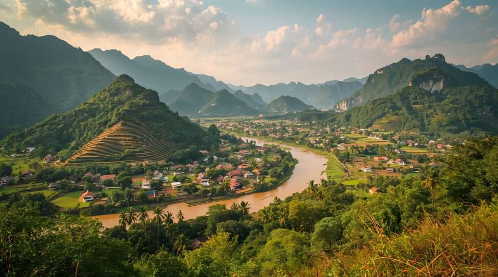 A winding river flows through a lush green valley surrounded by forested hills and distant mountains under a partly cloudy sky in a rural area of Thailand.