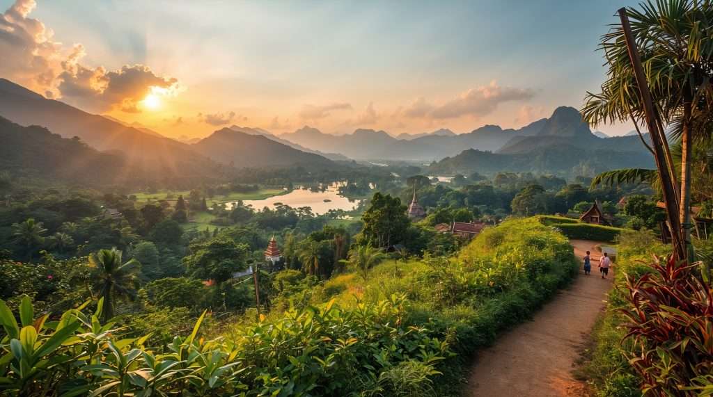 A winding path through green hills with mountains and a sunset in the distance