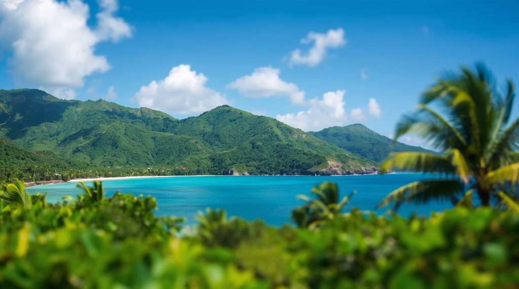 Coastal landscape in Trinidad and Tobago featuring lush green hills, a calm blue sea, and a palm tree in the foreground under a partly cloudy sky.