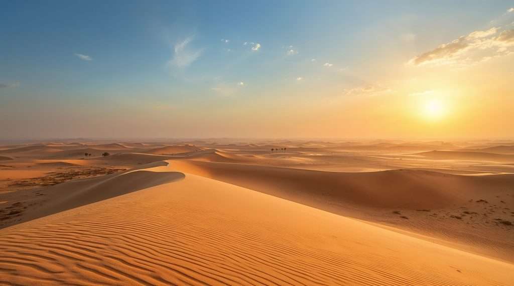 Vast desert landscape in the United Arab Emirates with rolling sand dunes under a partly cloudy sky during sunset.