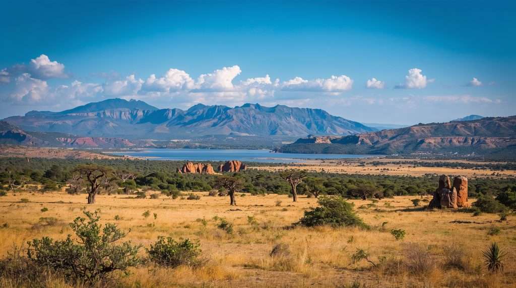 Expansive savanna landscape with scattered acacia trees and termite mounds under a blue sky, set against a backdrop of distant mountains in Uganda.
