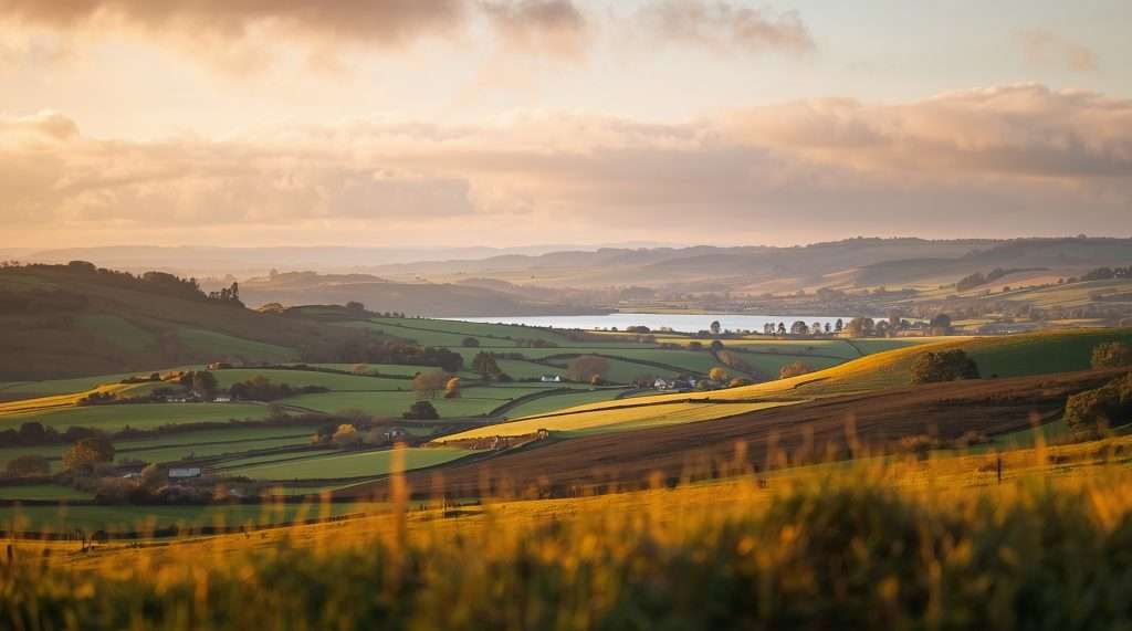 Rolling green hills and patchwork farmland stretch toward a distant body of water under a cloudy sky in a rural area of the United Kingdom.
