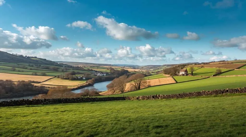 Rolling green fields divided by hedgerows and dry stone walls under a partly cloudy sky, with a river winding through a valley in a rural landscape in the United Kingdom.